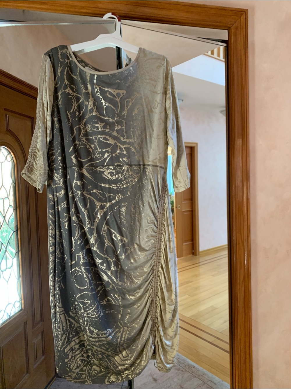 Metallic Taupe Ruched Midi Dress with Gold Accents - Women's